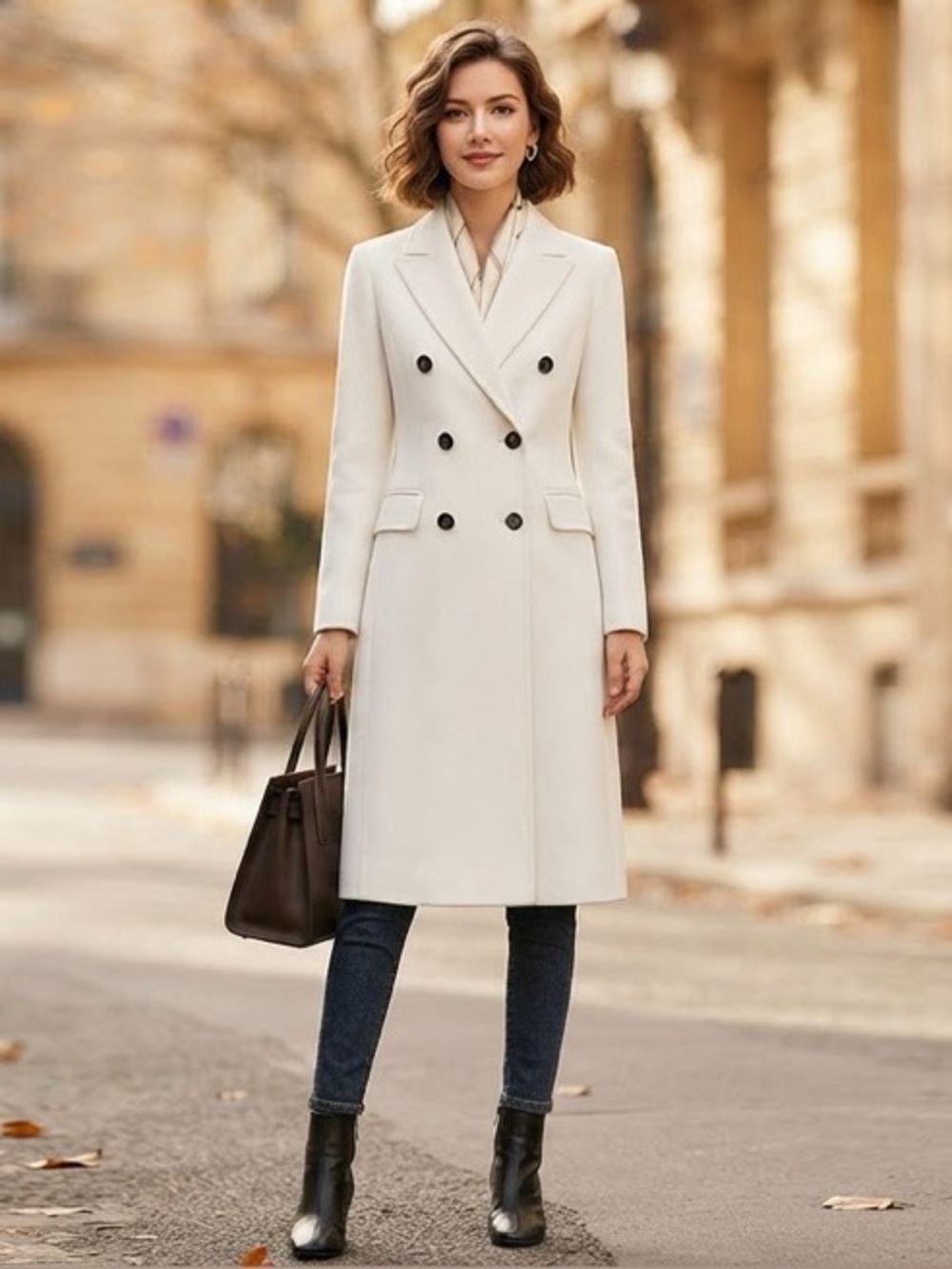 Tailored Double-Breasted Winter White Trench Coat